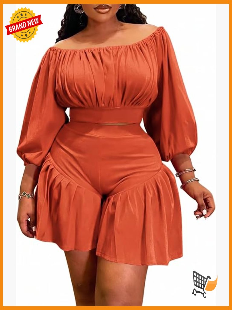 Plus Size 2 Piece Set Off Shoulder Lantern Sleeve Top Ruffle Shorts